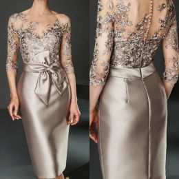 Champagne Of The Bride Dresses Knee Length Satin Lace Appliqued Groom Mother For Wedding Arabic Evening Dress