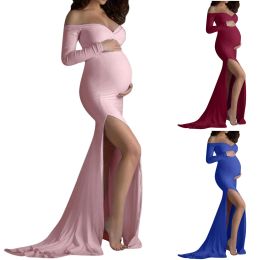 Dresses Ladies Maternity Vneck Slit Tail Long Onepiece Dress Women Pregnants Sexy Photography Props Off Shoulder VNeck Dress Vestidos