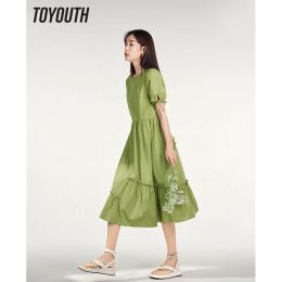 Dress Toyouth Women Dress 2023 Summer Puff Sleeves Round Neck Ashape Slim Waist Pleated Design Holiday Daily Green Midlength Skirt