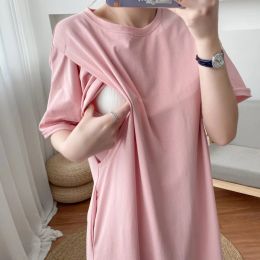 Dresses Pink Straight Breastfeeding Maternity Dress Cotton Short Sleeve Long Style Tshirt Woman For Nursing Pregnant Clothes 9082