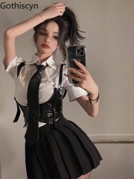 Suits Gothiscyn White Shirts + Pu Vest + Mini Pleated Skirt Girls Short Sleeve Black Tie French Slim Women Summer Design Collar