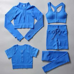 Women's Tracksuits 2/3/5-piece seamless womens yoga set sportswear gym clothing cutting top pull rod zipper long sleeved sportswear J240305