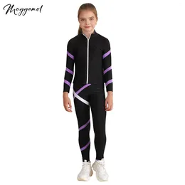 Stage Wear Girls Figure Skating Costume Long Sleeve Front Zip Jacket With Leggings Pants For Yoga Running Professional Competition Training