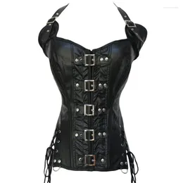 Women's Shapers Womens Gothic Steampunk Leather Halter Front Bustier Corset Top Shapewear Buckles Body Shaper Bustiers