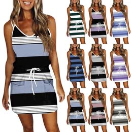 Casual Dresses Summer Vest Dress Women'S Suspender Loose Print Stripe Sleeveless V-Neck Pocket Mini 2024