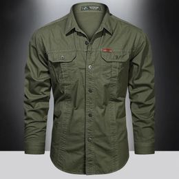 Cargo Shirt Men Long Sleeve Casual Cotton Shirts High Quality Camisa Militar Overshirt Brand Clothing Black Blouses 5XL 230226