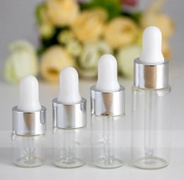Silver Cap White Rubber Top 1ml 2ml 3ml 5ml Perfume Essential Oil Bottles Amber Clear Glass Dropper Bottle Jars Vials With Pipette2970145