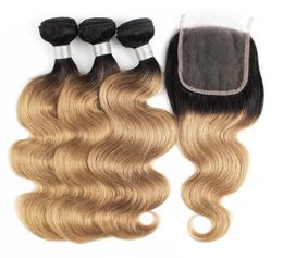 T1B27 Human hair 3 bundles with 44 lace closure body wave honey blonde ombre color remy Brazilian weaves double weft no shedding3409361