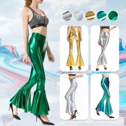 Capris Sexy PU Leather Metallic Pants Women Shiny Laser Flare Pants Lady Elastic Waist Disco Trousers Dance Performance Clubwear