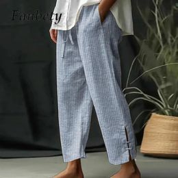 Retro Fashion Street Striped Trousers Spring Drawstring Mid Waist Casual Cotton Linen Pants Elegant Women Pocket Long Pant 240304