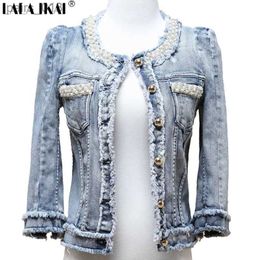 Women's Jackets Pearl Short Denim Coat Fringe Jeans Beading Denim Jackets TOP354 -5 240305