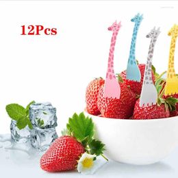 Forks 12Pcs Cartoon Cute Giraffe Fruit Fork Kids Birthday Party Cake Ice Cream Plastic Small Set Kitchen Supplies