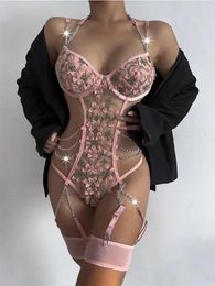 Bras Sets Porn Sexy Gather Bra Bodysuit Women Lingerie Underwear Lace Chain Three-piece Set Babydoll Exotic Nightwear