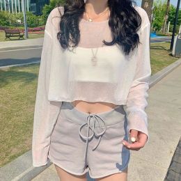 Blouse Xpqbb Summer Ice Silk SunProof Shirts Women Thin See Through Long Sleeve Chiffon Blouse Black White Beach Wild Crop Tops Female