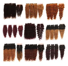 Colored Deep Wave Bundles with Closure Honey Blonde Two Tone Ombre Colored Brazilian Virgin Hair Weaves Colored Extension Sel8087836