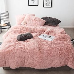 Rosa vita fleece tyg vinter tjock 20 ren färg sängkläder set mink sammet täcke täcke lakan säng linnor kuddar