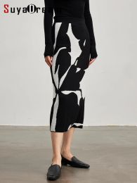 Skirt SuyaDream Women Black White Long Skirt, 46%Wool, Jacquard Woollen Knitted Slim Skirts, 2023 Autumn Winter Warm Under Dress