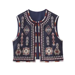 Waistcoats PB&ZA 2023 Autumn New Vintage Fashion Versatile Flower Pattern Embroidered Open Front Short Outerwear Vest