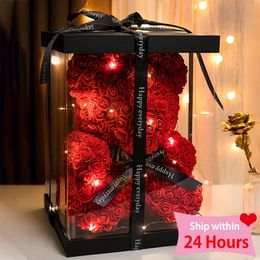 Valentine Gifts Decoration Rose Bear Artificial Flower With Box Lights Teddy For Women Girlfriend Birthday Gift Love 240228