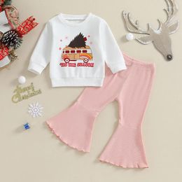 Clothing Sets Toddler Girls 2 Piece Outfits Christmas Santa Car Print Long Sleeve Sweatshirt And Elastic Flare Pants Set Cute Clothes