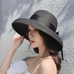 Retro Hepburn black straw sun hat for women sun protection holiday seaside beach hat female summer big eaves Visor caps2396