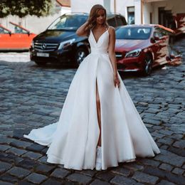 Classy Long Plus Size Wedding Dresses V Neck Satin Sleeveless Backless with Slit A Line Sweep Train Custom Made Bridal Gowns