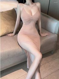 Casual Dresses Fashion Women Sheer Robe Thin Mesh Sexy Tops 2024 High Split Sling Dress Elegant Transparent Korean 1PJ