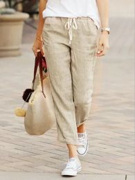 Capris 2023 Autumn Cotton Linen Women's Pants Black Drawstring Elastic Waist Casual Pants Female Loose Fashion Elegant Ladies Bottom