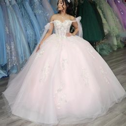 Light Pink Quinceanera Dresses Off The Shoulder Sweet 15 Gowns Applique Lace Bead Tull Vestidos De 15 Quinceanera