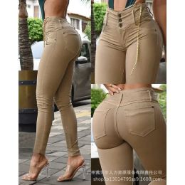 Capris 2024 Spring Summer New Women's Trousers Khaki High Waist Tight Skinny Pants Pocket Design Skinny Pants Trousers Leggings Sexy