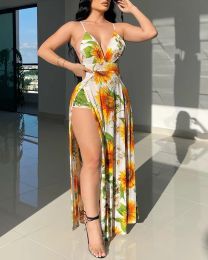 Dress Sexy Print High Slit Cami Maxi Dress for Women Summer Fashion Vacation Clothing Women's Sunflower Print Spaghetti Strap Dresses