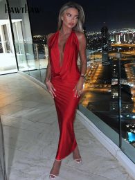 Dress Hawthaw Women Sexy Halter V Neck Party Club Evening Bodycon Backless Long Dress Streetwear 2022 Summer Clothes Dropshipping