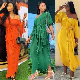 Dress Women Chiffon Long Dress Loose Pleated Ruffles with Wasit Belt V Neck Long African Ladies Large Size Fashion Summer Dress