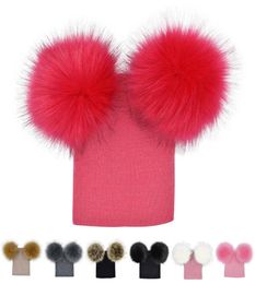 Winter Baby Knit Hat With Two Fur Pompoms Boy Girls Fur Ball Beanie Kids Caps Double Pom Hat for Children1702548