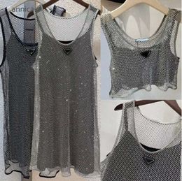 Casual Dresses Designer Sleeveless Womens Hollowed Black Satin Sling Rhinestone Shiny Hollow Vest 2pcs Set Denim Bra Tops Size S-L5678