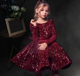 Burgundy Jewel Long Sleeve Sequin Lace Ball Gown Flower Girls' Dresses Short Custom Kids Formal Wear