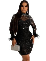 Dress Sexy Mesh Rhinestone Sequin Feather Prom Mini Dresses See Through Night Club Outfits Party Sexy Clubwear Diamond Short Dress