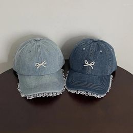 Ball Caps Japanese Style Demin Color Original Pearl Bow Baseball Cap Cowboy Girl Lace Brim Sweet Sun Hat