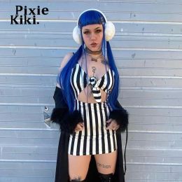 Dress PixieKiki Striped Print Cut Out Dress for Women 2023 Gothic Punk Streetwear Sexy Cami Mini Dresses Cyber Clothes P85BE15