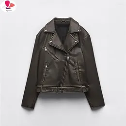 Women's Leather APIPEE Loose Large Version Retro Zipper Washed Imitation Faux Locomotive Model PU Jacket Plus Size