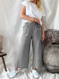 Capris 2024 Spring Cotton Linen Women's Long Pants Black Elastic Waist Pleated Button Loose Pants Female New Casual Ladies Bottom