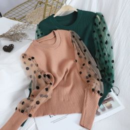 Pullovers Spring Autumn O Neck Mesh Patchwork Puff Long Sleeve Pullover Sweater Knit Dot Slim Fit Pull Femme Autumn Spring Fashion Top