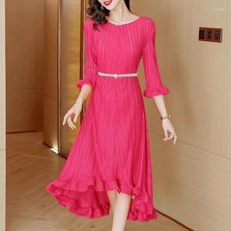 Casual Dresses 2024 Spring Miyake Pleated Rose Red Irregular Party Dress High Quality Women's O Neck Flare Sleeve Ruffles Evening Midi