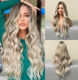 Synthetic Wigs Lace For Women Ombre Blond Body Wave 26 Inches Long Wavy Cosplay T Part Wig Heat Resistant4314689