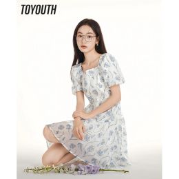 Dress Toyouth Women Dress 2023 Summer Puff Sleeve Square Neck Slim Waist Ashaped Full Floral Print Fashion Romantic Holiday Skirt
