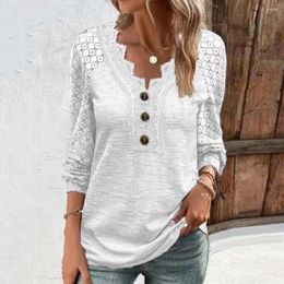Women's Blouses Long Sleeve Women Top V-neck Chic Lace V Neck T-shirt Stylish Hollow Out Button Decor Soft For Spring