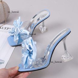 2023 Fashion Crystal Bow High Heels Slippers Shoes for Woman Sexy PVC Transparent Sandals Women Slides Open Toe Pumps Blue Black