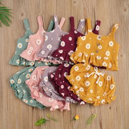Clothing Sets Summer Kids Baby Girl Clothes Daisy Flowers Print Sleeveless Ruffles Crop Tank Top Shorts Soft Cotton Linen Outfits 0-5Y