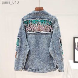 Women's Jackets Jackets Jeans Coat Fashion Handwork Sequins Holes Sleeve Short Denim Female 240305