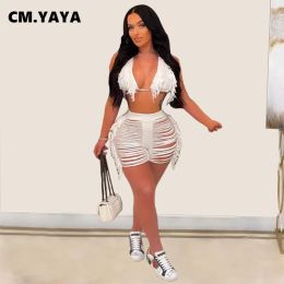 Sets CMYAYA Knit Ribbed Tassel Ripped Hole Shorts Set for Women 2022 Halter Bra Top Matching Two 2 Piece Set Outfit Beach Swimsuit